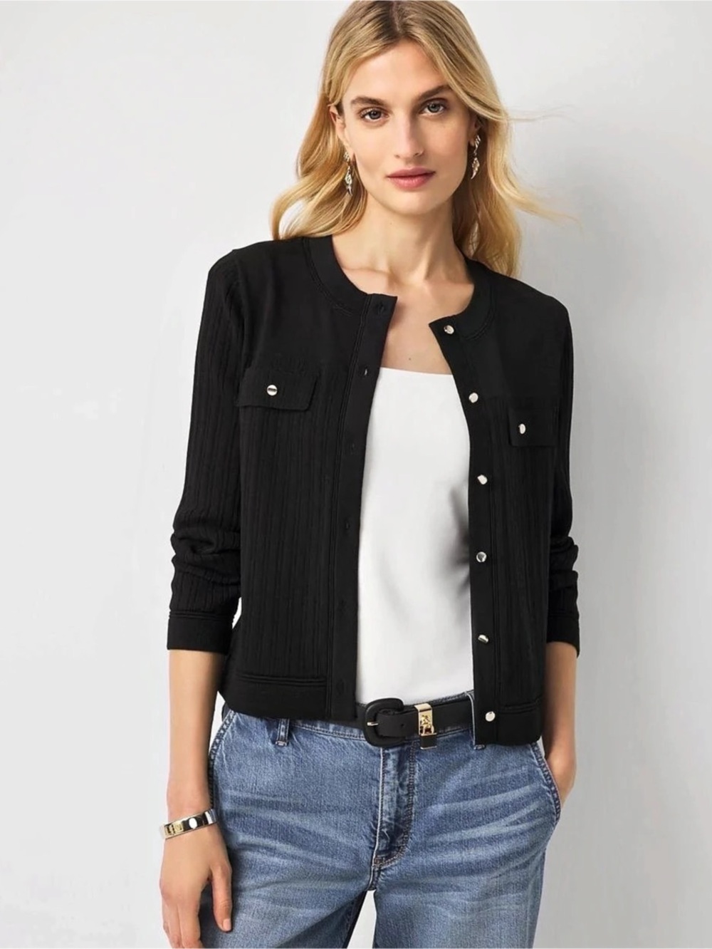 White House Black Market Crewneck Cardigan with Silver Buttons Black